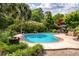 Backyard with pool, lush landscaping, and patio area for outdoor dining and entertaining at 102 Ashborough Ave, Summerville, SC 29485