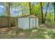 Durable, white storage shed provides practical outdoor storage solutions in a backyard setting with a wooden fence at 113 Owens Cir, Summerville, SC 29483