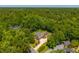 Aerial view of charming red brick home situated on a lot surrounded by mature, dense trees at 121 Arrowridge Ct, Summerville, SC 29485
