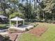Lush backyard with a gazebo, garden plots, and a well-maintained lawn, perfect for outdoor enjoyment at 1730 Harrison Ave, Charleston, SC 29407