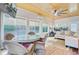 Inviting sunroom with wood ceilings, wicker furniture, large windows, and a ceiling fan for relaxed living at 2008 Welsh Pony Dr, Mount Pleasant, SC 29429