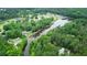 An aerial view of a neighborhood shows homes surrounding a tranquil lake with a fountain at 206 Chaussee Blvd, Summerville, SC 29483