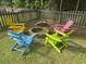 Backyard with brick fire pit, wooden fence, lush green grass, and Adirondack chairs at 2204 Andover Way, Mount Pleasant, SC 29466