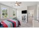 Comfortable bedroom with a ceiling fan, large windows with blinds, and tv mounted on the wall at 262 Great Lawn Dr, Summerville, SC 29486