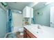Well-lit bathroom with a vanity, mirror, and tub/shower combination with blue curtain at 3031 Ellington Dr, Summerville, SC 29485