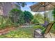 Shady back yard with lush landscaping, and a patio with seating at 318 N Magnolia St, Summerville, SC 29483