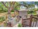 Back yard with large tree, patio with seating, and lush landscaping, providing privacy and shade at 318 N Magnolia St, Summerville, SC 29483