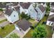 Aerial view of a neighborhood showcasing fenced yards and detached garages at 410 Eliston St, Summerville, SC 29486