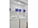 A laundry room with white washer and dryer, wire shelving, and storage bins at 108 Larkspur Dr, Goose Creek, SC 29445