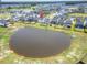 Aerial view shows backyard and neighborhood with pond in the background at 112 Whisper Dr, Summerville, SC 29485