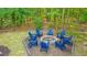 Aerial view of a fire pit surrounded by Adirondack chairs in a wooded backyard at 3711 Tip Ln, Mount Pleasant, SC 29466