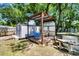 Charming covered patio with seating, adjacent to the backyard storage shed at 5806 Robinhood Dr, Hanahan, SC 29410