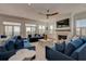 Bright living room featuring comfortable blue sofas, a fireplace, and scenic ocean views at 601 Ocean Blvd, Isle of Palms, SC 29451
