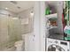 This bathroom with tiled shower has a closet with a stacked washer/dryer at 2 Francis St # I, Charleston, SC 29403