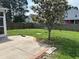 A large, fenced backyard features a patio area and a mature tree at 107 Brookhaven Rd, Summerville, SC 29486