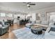 Bright open living space with hardwood floors, a cozy sectional, and an adjacent kitchen with a breakfast bar at 110 Bloomfield St, Summerville, SC 29486