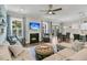 Open-concept living room featuring a fireplace, hardwood floors, and comfortable seating with backyard views at 110 Bloomfield St, Summerville, SC 29486