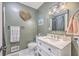 Bathroom featuring olive-toned walls, a decorative heart, and updated fixtures at 1350 Mosstree Rd, North Charleston, SC 29405