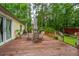 A back deck with outdoor seating, an umbrella, and a view of the tree-lined backyard at 204 Pete Ewers Dr, Summerville, SC 29483