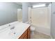 Bathroom featuring a large mirror, vanity, toilet, and bathtub with shower at 228 Donatella Dr, Goose Creek, SC 29445