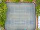 Overhead view of tennis courts surrounded by beautiful landscaping and trees in a well-maintained community at 261 Mossy Oak Way, Mount Pleasant, SC 29464