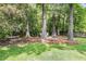 A backyard firepit sitting area with pine straw and mature trees around it at 3061 Penny Ln, Johns Island, SC 29455