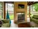 Comfortable outdoor space with a fireplace, TV, and cozy green furniture for relaxation and entertainment at 3092 Morningdale Dr, Mount Pleasant, SC 29466
