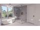 This bright bathroom features a freestanding tub, a glass enclosed shower, and views outside at 3307 Waterway Blvd, Isle of Palms, SC 29451