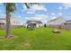 Large, fenced backyard with lush lawn, firepit, and trampoline, perfect for outdoor entertaining and play at 405 Watershed Dr Dr, Goose Creek, SC 29445