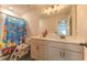 Bathroom with double vanity, large mirror, and playful shower curtain at 447 Navona Dr, Summerville, SC 29486