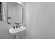 Modern powder room featuring a sleek pedestal sink, matte black hardware, and minimalist design at 48 Aiken St, Charleston, SC 29403