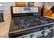 Close-up of a stainless steel Whirlpool stove with gas burners igniting, showcasing modern kitchen appliances at 546 Sea Foam St, Summerville, SC 29486