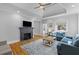 Living room with hardwood floors, tray ceiling, fireplace and comfortable blue sofas, perfect for relaxation at 7 Wesley Dr, Charleston, SC 29407