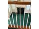View of living room with fireplace and green carpeting from stairs at 8522 Long Meadow Dr, Charleston, SC 29420
