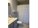 Bathroom with a vanity sink, toilet, and a shower with white curtain at 123 Lynches River Dr, Summerville, SC 29485
