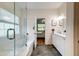 Open bathroom view into the bedroom with large tub, shower and vanity at 1231 Wild Olive Dr, Mount Pleasant, SC 29464