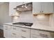 Close up of a modern kitchen with white cabinets, stainless steel hood, and granite countertops with subway tile backsplash at 1363 Rivella Dr, Mount Pleasant, SC 29464