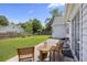 A cozy backyard patio area with a wooden table and chairs, perfect for enjoying the outdoors with green grass at 1470 Ashley Gardens Blvd, Charleston, SC 29414