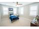 Bedroom featuring neutral walls, carpet, fan, window with shutters, blue bedding and a side table at 1566 Lindsey Creek Dr, Mount Pleasant, SC 29466