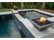 Outdoor pool with water feature and dual fire bowls, framed by lush greenery at 1566 Lindsey Creek Dr, Mount Pleasant, SC 29466