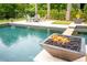 Inviting pool and spa with fire bowls offer a tranquil outdoor experience at 1566 Lindsey Creek Dr, Mount Pleasant, SC 29466