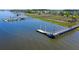 Aerial view of community boat dock on calm waters, surrounded by lush marshland at 2267 N Marsh Dr, Mount Pleasant, SC 29466