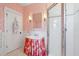 Unique bathroom with floral-patterned vanity skirt and walk-in shower at 301 Center St, Mount Pleasant, SC 29464