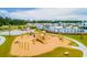 Aerial view of community playground, splashpad, and pool surrounded by lush landscaping and walking paths at 718 Long Bluff Rd, Summerville, SC 29486