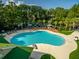 Aerial view of community pool and pond surrounded by lush landscaping and mature green trees at 1330 Somersby Ln, Mount Pleasant, SC 29466