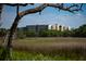 Scenic view of a modern apartment complex nestled amidst nature, framed by a unique tree branch, suggesting a peaceful retreat at 145 Pier View St # 407, Charleston, SC 29492
