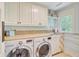 Laundry room featuring updated appliances, natural lighting, and storage space at 22 Beachwood East, Isle of Palms, SC 29451