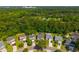 An aerial image showcasing a neighborhood surrounded by lush trees and greenery under a bright blue sky at 261 Sweet Alyssum Dr, Ladson, SC 29456