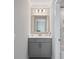 Well-lit bathroom featuring a vanity with gray cabinets, a large mirror, and modern fixtures at 2802 Cavalcade Cir, Johns Island, SC 29455