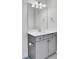 Bathroom with gray vanity, white countertop, mirror, and light fixture for daily needs at 2820 Merriams Dr, Charleston, SC 29414